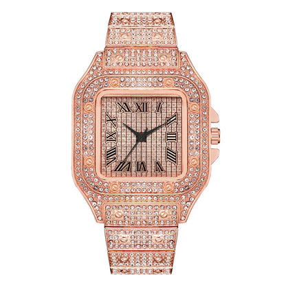 Classic Luxury Men’s Square Rhinestone Quartz Watch – Business Stainless Steel Roman Scale Wristwatch