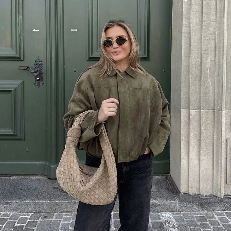 Women’s Bomber Jacket – Vintage Turn-Down Collar Loose Fashion Coat