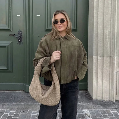 Women’s Bomber Jacket – Vintage Turn-Down Collar Loose Fashion Coat