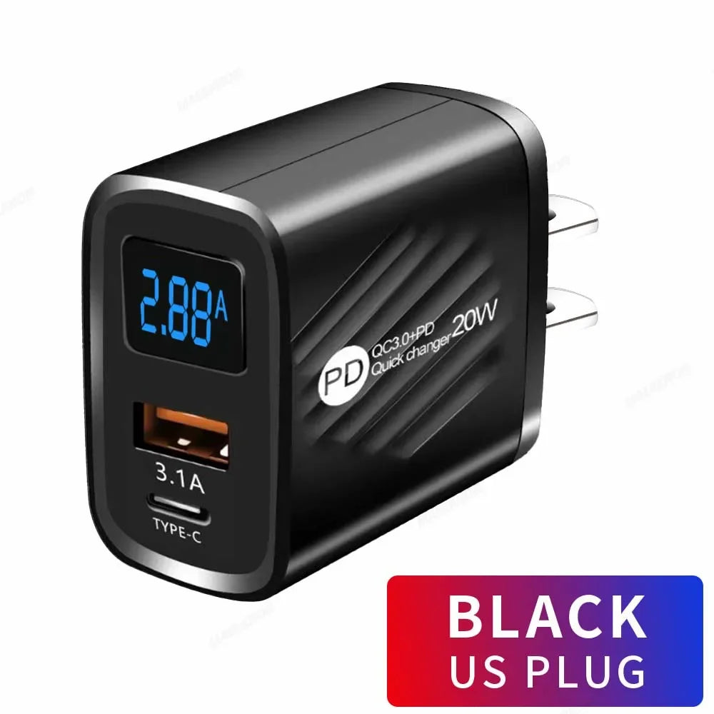 3.1A USB Fast Charger 20W USB Type C Charger PD Quick Charger QC 3.0 Digital Display Wall Power Adapter Travel Charger For Phone
