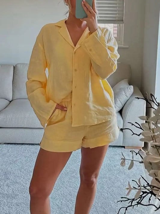 Women’s Casual Yellow 2-Piece Set – V-Neck Long Sleeve Top & Shorts Outfit for Spring/Summer 2025