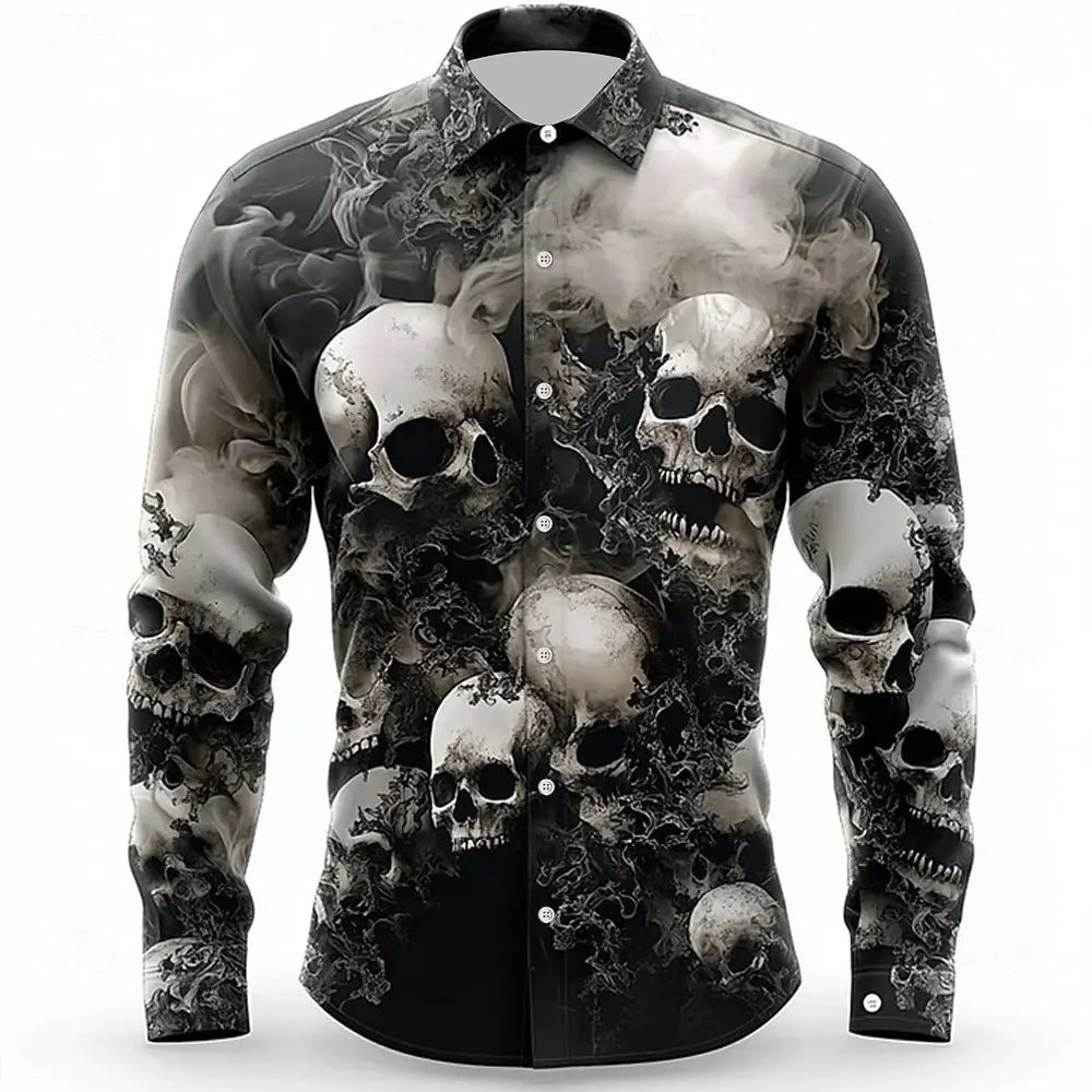 2025 Halloween Men’s Costume Shirt – Skull Print Button-Up Long Sleeve Casual Dress Shirt, Dark Gothic Style