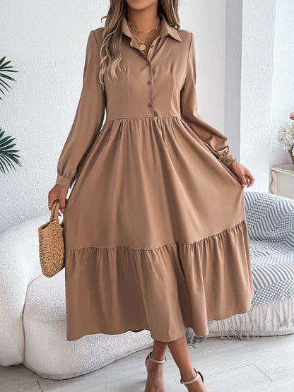 Women’s Casual Vacation Shirt Dress – Long Sleeve Turn-Down Collar Single-Breasted Spring & Autumn Dress