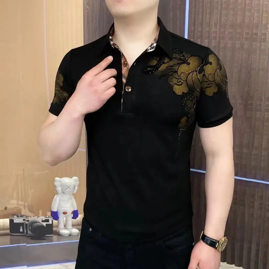 Luxury Rhinestone Printed Short Sleeve T-Shirt for Men