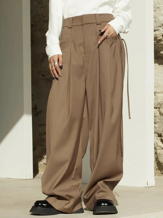 Women’s High-Waist Strap Design Wide-Leg Pants – Casual Loose Slimming Trousers for Spring & Autumn
