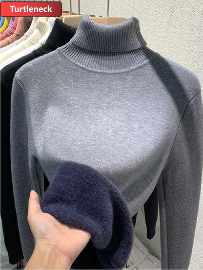 Women’s Turtleneck Knitted Sweater – Elegant Thick Velvet-Lined Warm Winter Pullover