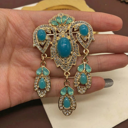 Peacock Phoenix Crown Tassel Brooch – Elegant Colorful Blue Gemstone & Rhinestone Pin Jewelry