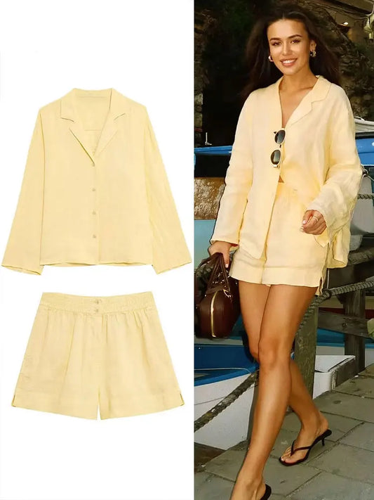 Women’s Casual Yellow 2-Piece Set – V-Neck Long Sleeve Top & Shorts Outfit for Spring/Summer 2025