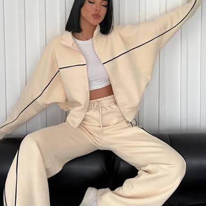 Women’s 2-Piece Tracksuit Set – Long Sleeve Half High Collar Cardigan Sweater & Trousers Casual Sportswear