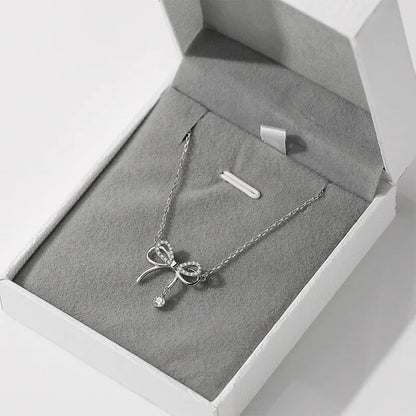 Real 925 Sterling Silver Bow Necklace – Shining Zircon Pendant Jewelry for Women, Wedding & Gift