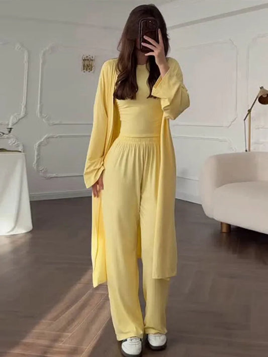 Women’s 3-Piece Casual Suit Set – Long Cardigan + O-Neck Slim Top + Wide Leg Pants | 2025 Summer Autumn Fashion Outfit