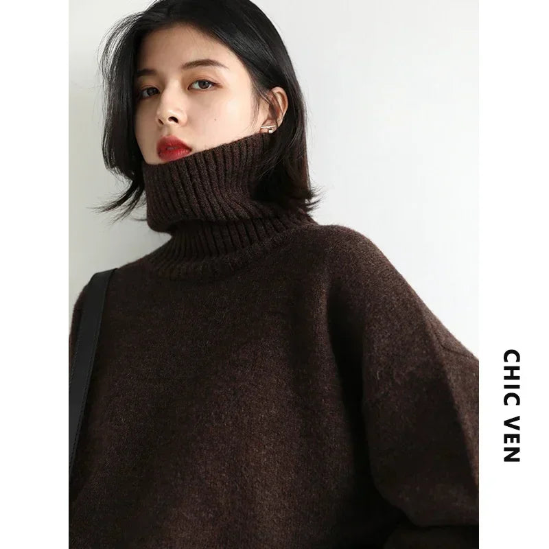 Women’s Loose Turtleneck Sweater – CHIC VEN Korean Style Warm Knit Pullover