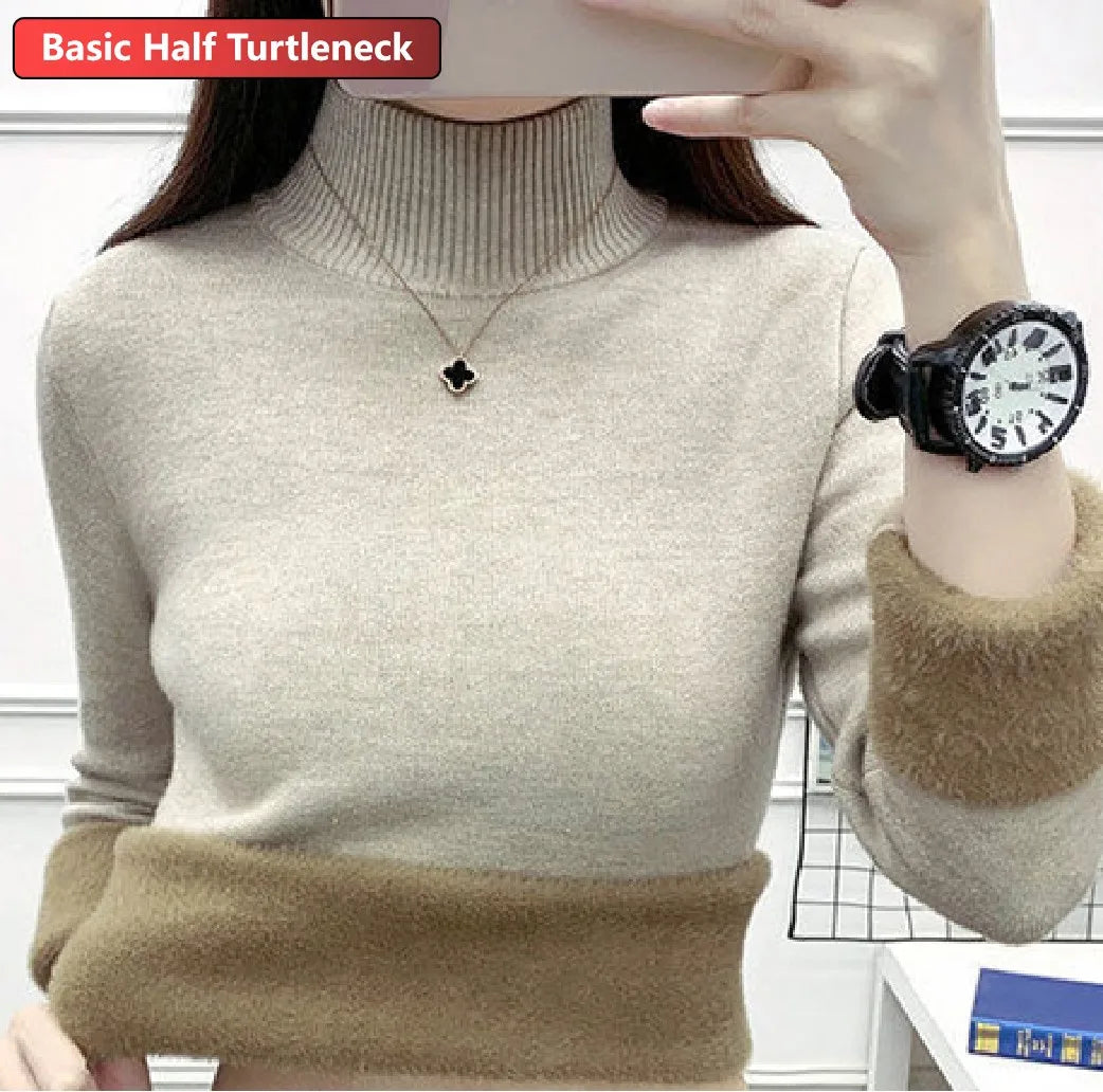 Women’s Turtleneck Knitted Sweater – Elegant Thick Velvet-Lined Warm Winter Pullover