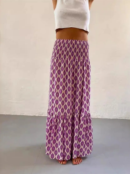 Women’s Boho Maxi Skirt – Vintage Floral Print Elastic Waist Beach Skirt for Spring & Summer