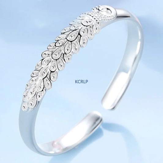 KCRLP 925 Sterling Silver Peacock Bracelet – Elegant Opening Screen Bangle for Women, Wedding & Party Jewelry Gift