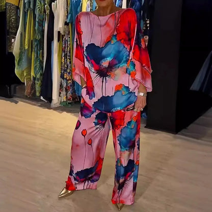 Women’s Satin Two-Piece Set – Summer Printed Round Neck Top & Wide-Leg Pants | Elegant Casual Fashion Outfit 2025
