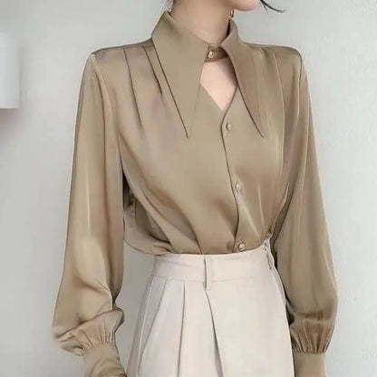 Women’s Casual V-Neck Hollow-Out Shirt – Soft Solid Blouse Retro European Style Streetwear Top